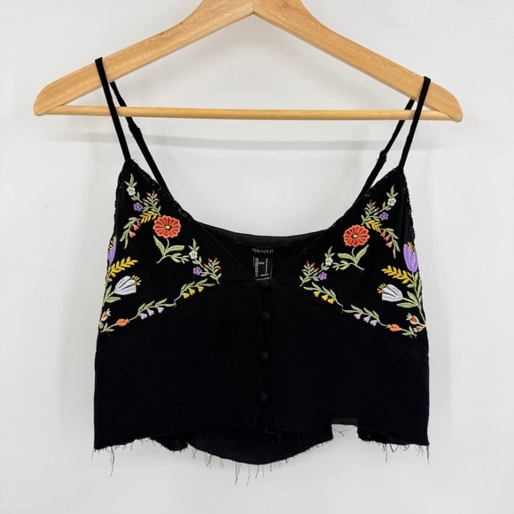 Forever 21 Raw‎ Hem Embroidered Black Crop Top Coachella Woodstock Concert Small